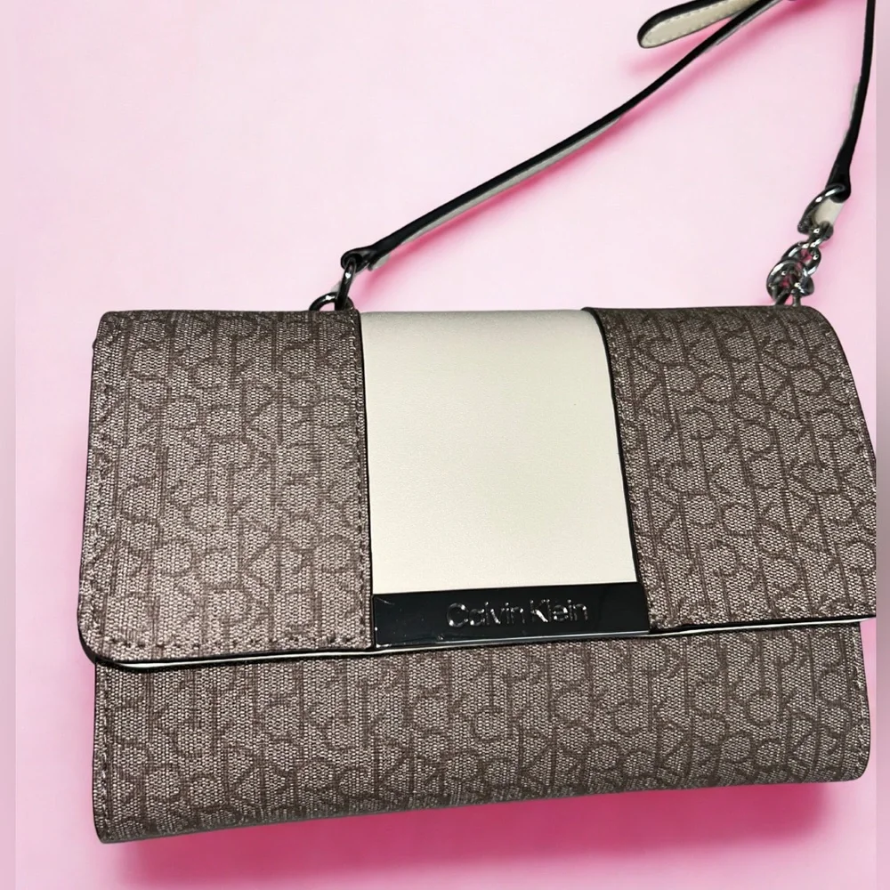 NWT Calvin Klein | Brown & White Monogram Crossbody Bag - Picture 3 of 14